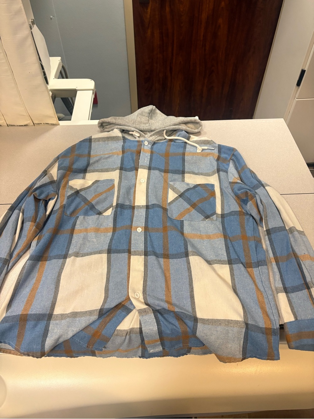 NFINITY Blue Gray Brown Plaid Button-Down Shirt with Hood